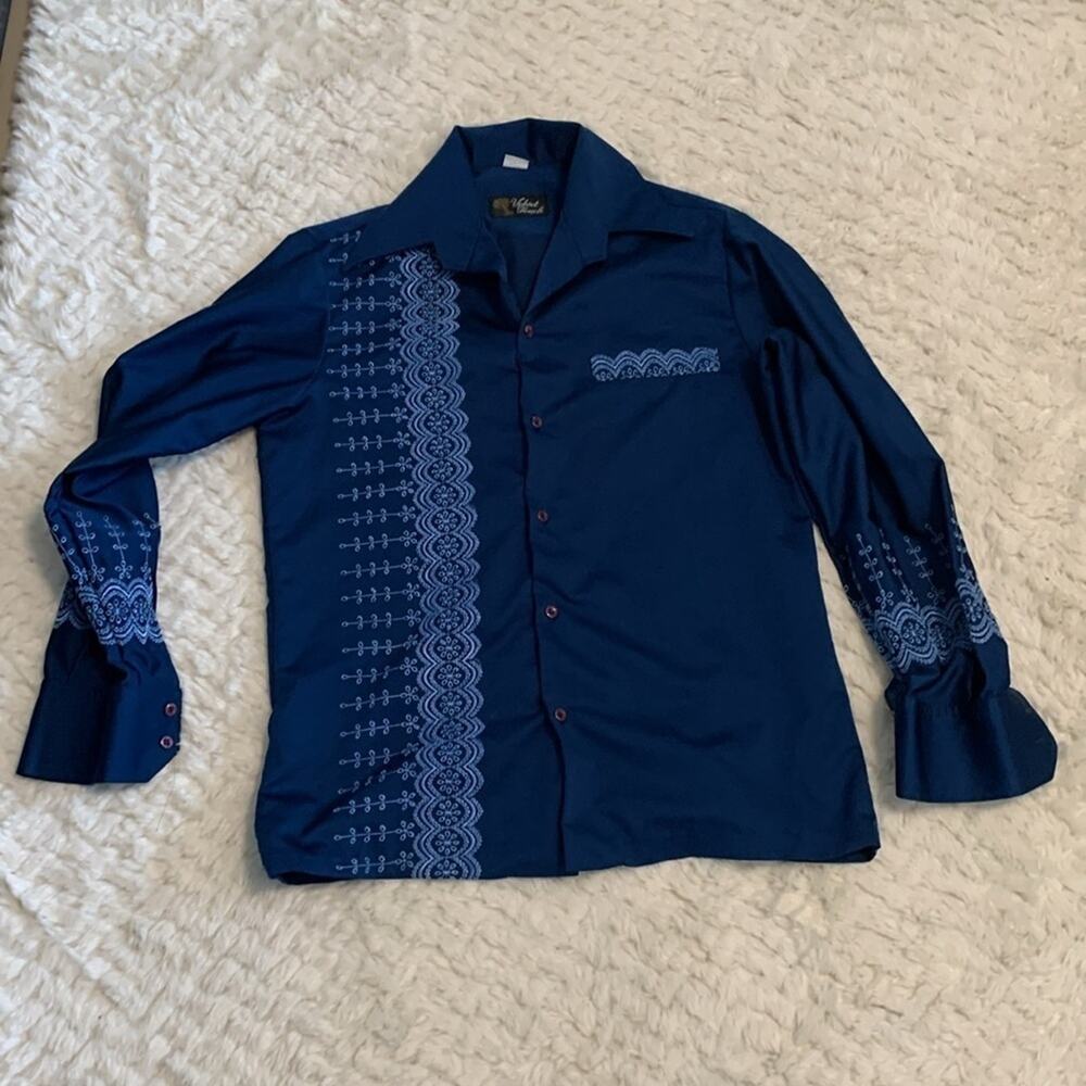 Vintage Velvet Touch Button-Down Shirt – 70s Vibes Blue Men’s 1970s Embroidered - Picture 6 of 9